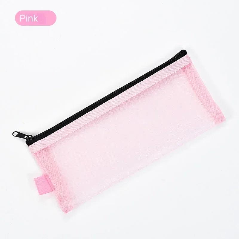 Simple Transparent Zipper Pencil Case Mesh Cosmetic Storage Bag Clear Stationery Bag Nylon Makeup Pouch Portable Travel Handbag - Ammpoure Wellbeing