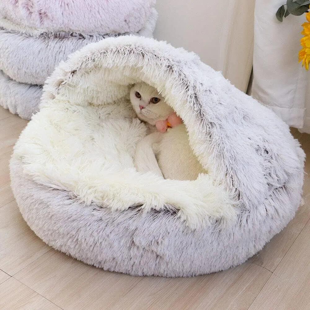 Soft Plush Pet Bed with Cover Round Cat Bed Pet Mattress Warm Cat Dog 2 in 1 Sleeping Nest Cave for Small Dogs - Ammpoure Wellbeing