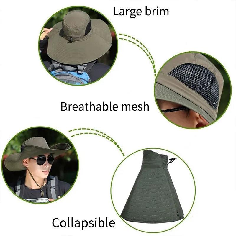 Summer 15CM Large Brim Sun Hat Men Women Breathable Fishing Caps Sun UV Protection Mesh Fisherman Hat Hiking Outdoor Beach Cap - Ammpoure Wellbeing