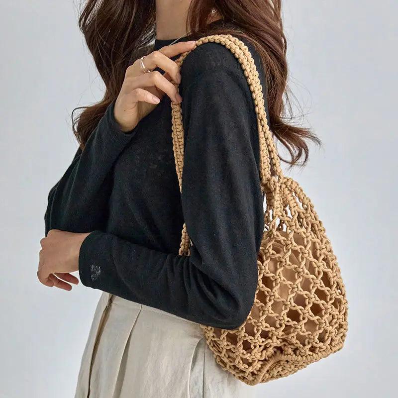 Summer Beach Bag For Women Mesh Rope Knitted Bucket Shoulder Bags Reticulate Hollow Travel Shopper Totes Ladies Fashion Handbag - Ammpoure Wellbeing