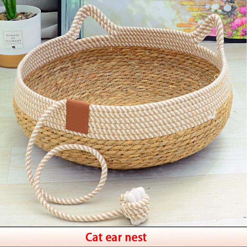 Summer Cat Bed Woven Removable Upholstery Sleeping House Cat Scratch Floor Rattan Wear - resistant Washable Cat Pet Supplies - Ammpoure Wellbeing