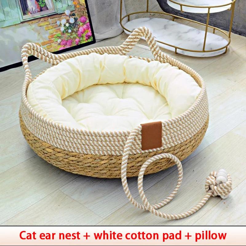 Summer Cat Bed Woven Removable Upholstery Sleeping House Cat Scratch Floor Rattan Wear - resistant Washable Cat Pet Supplies - Ammpoure Wellbeing