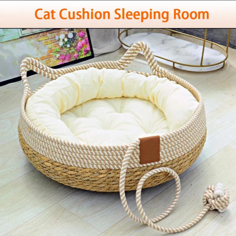 Summer Cat Bed Woven Removable Upholstery Sleeping House Cat Scratch Floor Rattan Wear - resistant Washable Cat Pet Supplies - Ammpoure Wellbeing