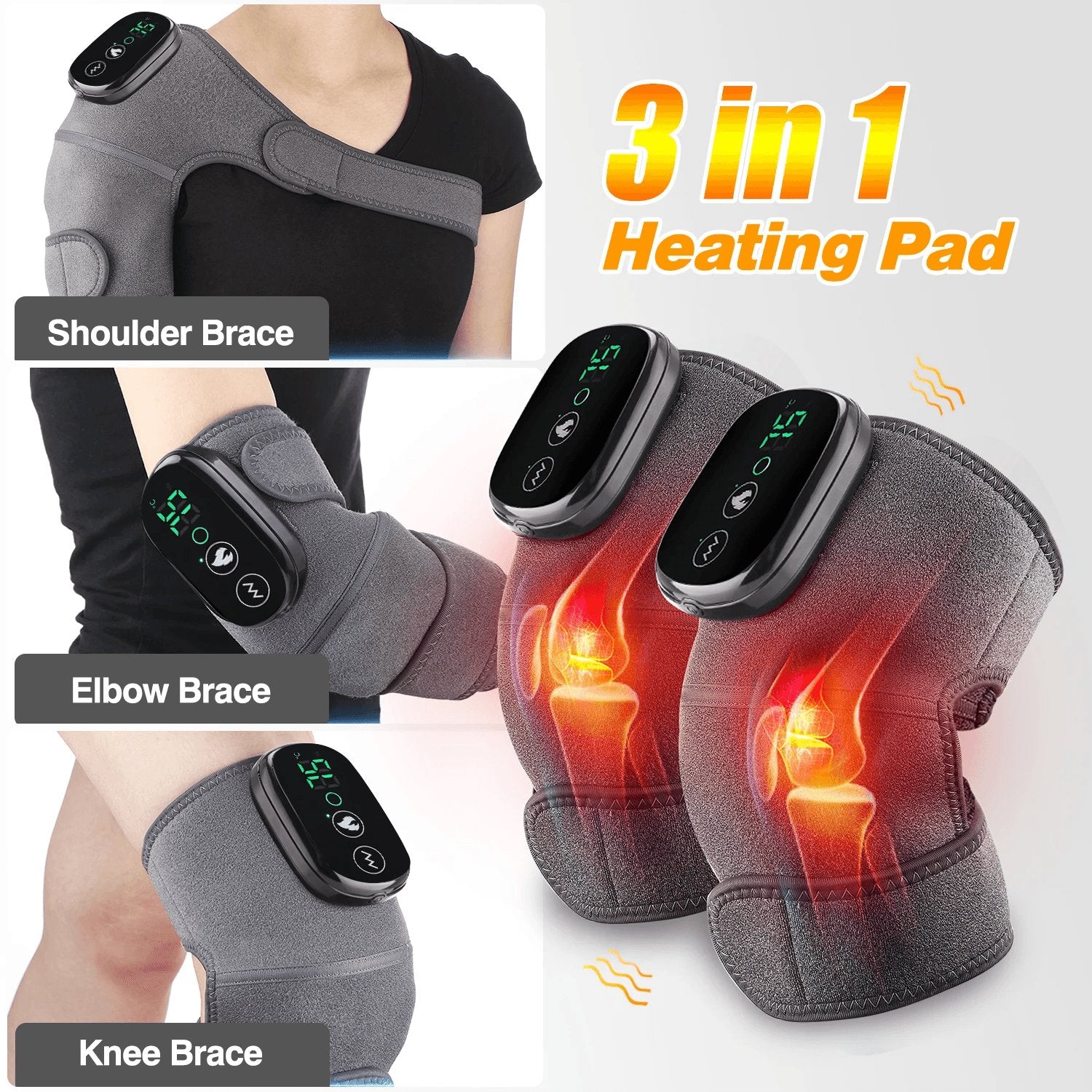 Thermal Knee Massager 3 in 1 Shoulder Knee Elbow Heating Massage Support Brace Rechargeable Vibration Pad Arthritis Pain Relief - Ammpoure Wellbeing