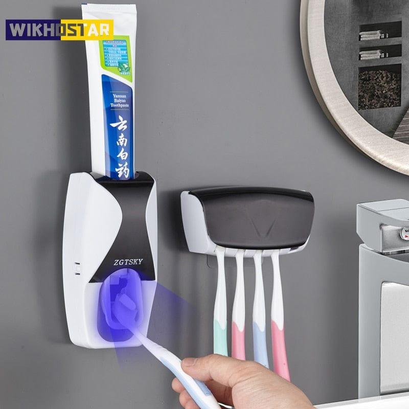 Toothbrush Holder Automatic Toothpaste Dispenser Set Dustproof Sticky Suction Wall Mounted Toothpaste Squeezer for Bathroom - Ammpoure Wellbeing