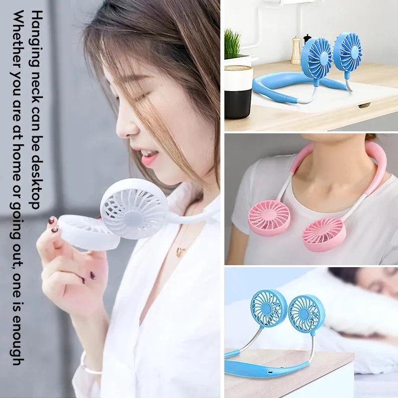 USB Portable Fan Cold Fan Hands Free Neck Fan Hanging Rechargeable Mini Sports Fan 3 - Speed Adjustable Neck Dual Fan Home Office - Ammpoure Wellbeing