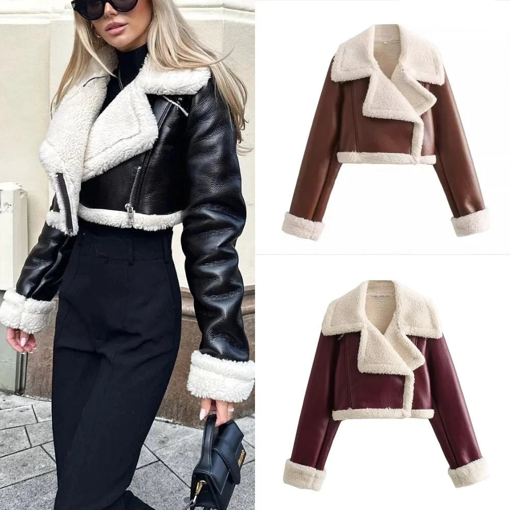 Winter Women Jacket Coats Faux Shearling Sheepskin Coat Retro Motorcycle Jacket Woman Jackets Outerwear Tops - Ammpoure Wellbeing