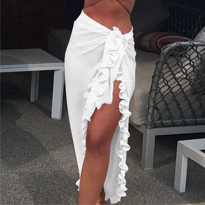 Women Chiffon See - Through Beach Bikini Cover Up Wrap Scarf Swimwear Pareo Sarong Dress Solid Ruffle Casual Beach Dress - Ammpoure Wellbeing