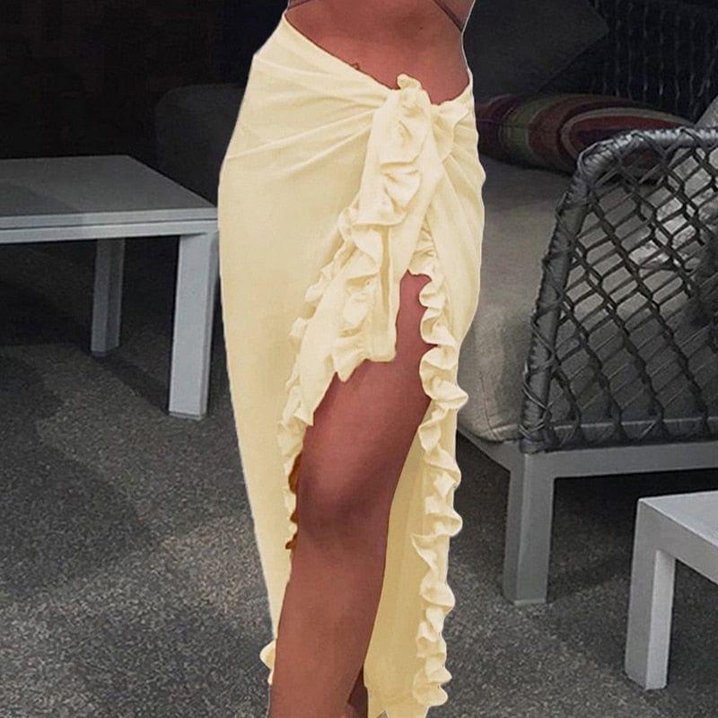 Women Chiffon See - Through Beach Bikini Cover Up Wrap Scarf Swimwear Pareo Sarong Dress Solid Ruffle Casual Beach Dress - Ammpoure Wellbeing