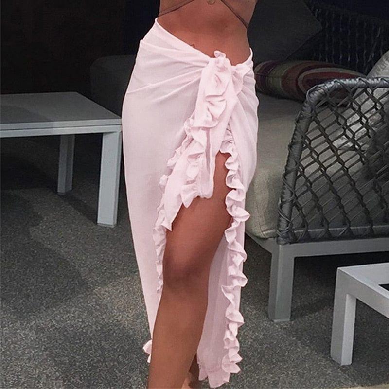 Women Chiffon See - Through Beach Bikini Cover Up Wrap Scarf Swimwear Pareo Sarong Dress Solid Ruffle Casual Beach Dress - Ammpoure Wellbeing