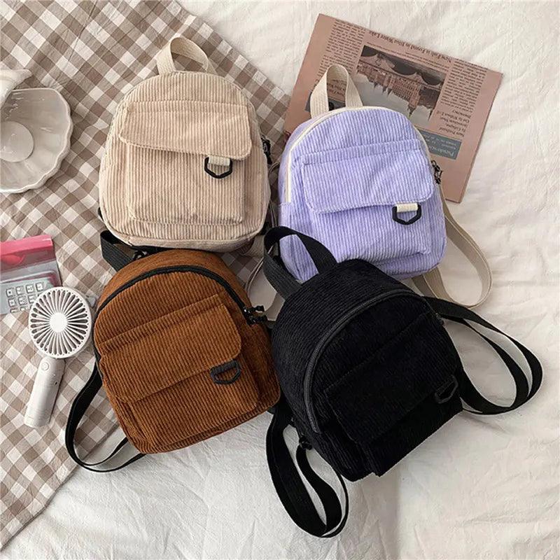 Women's Mini Backpack Fashion Solid Color Corduroy Small Simple Casual Traveling Large Capacity Durable Female's Schoolbag - Ammpoure Wellbeing