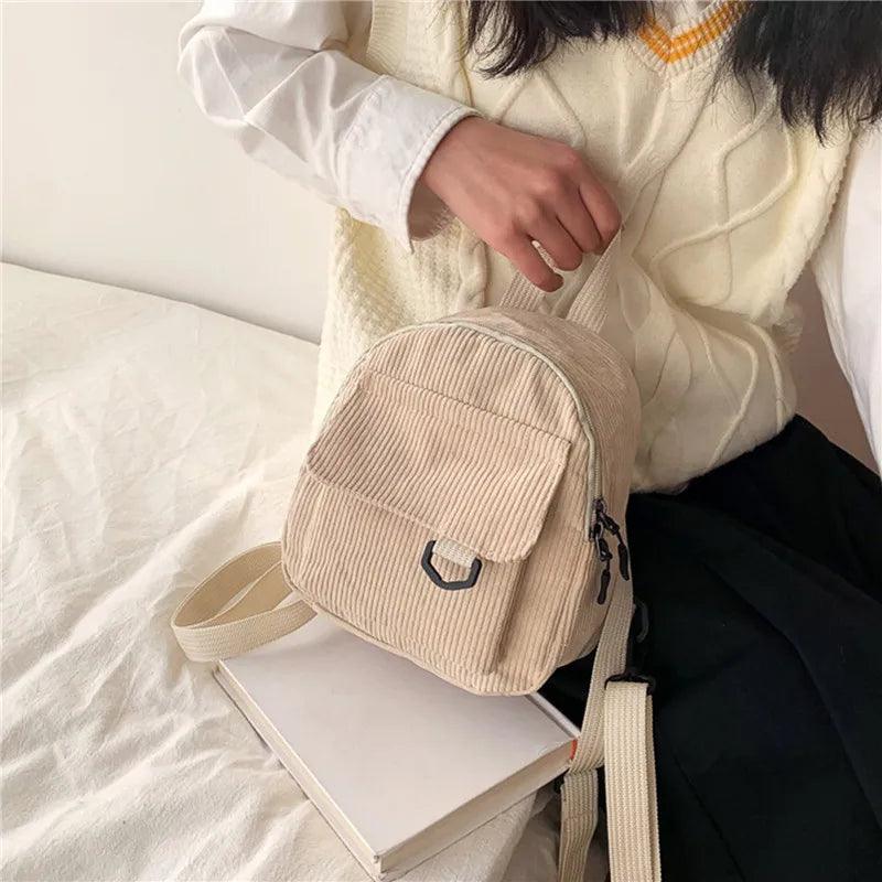 Women's Mini Backpack Fashion Solid Color Corduroy Small Simple Casual Traveling Large Capacity Durable Female's Schoolbag - Ammpoure Wellbeing