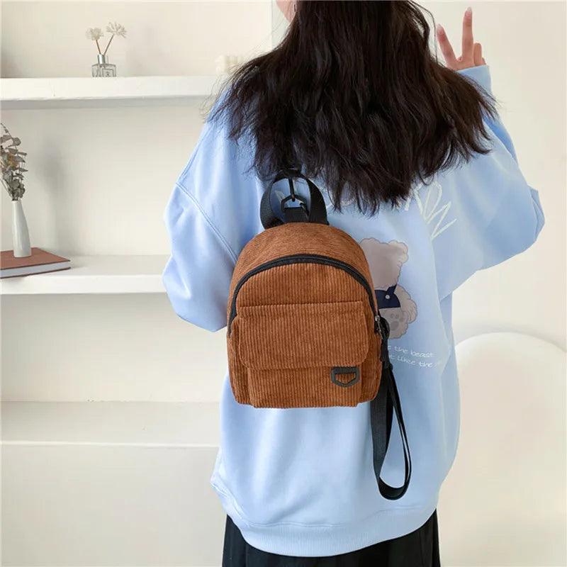 Women's Mini Backpack Fashion Solid Color Corduroy Small Simple Casual Traveling Large Capacity Durable Female's Schoolbag - Ammpoure Wellbeing