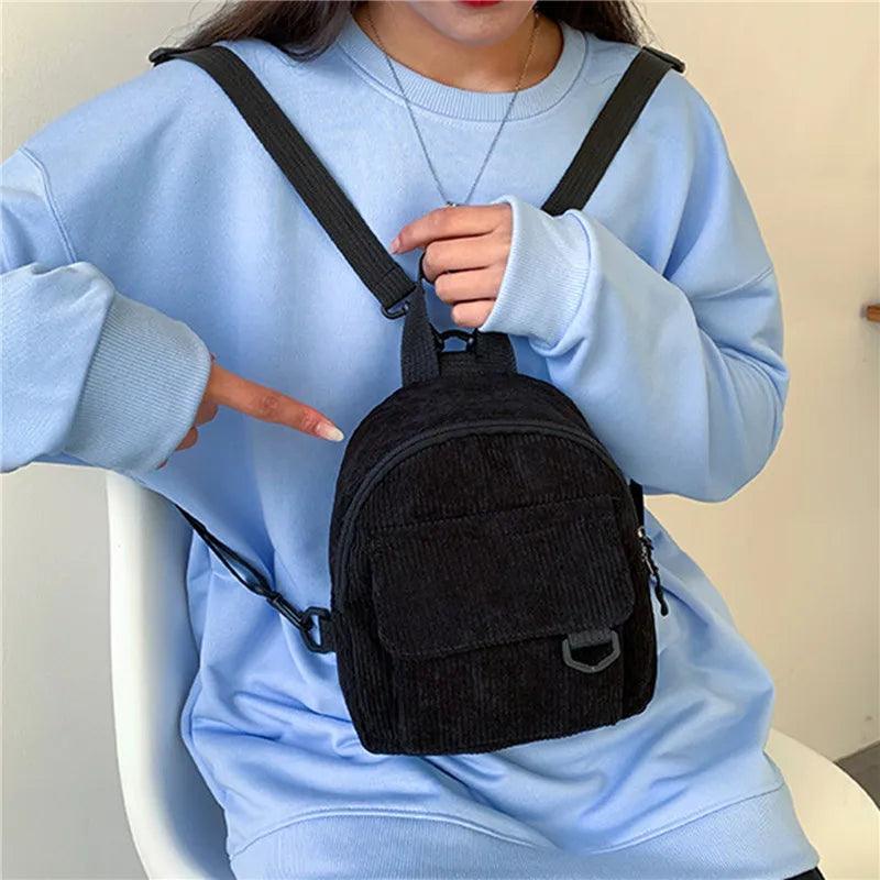 Women's Mini Backpack Fashion Solid Color Corduroy Small Simple Casual Traveling Large Capacity Durable Female's Schoolbag - Ammpoure Wellbeing