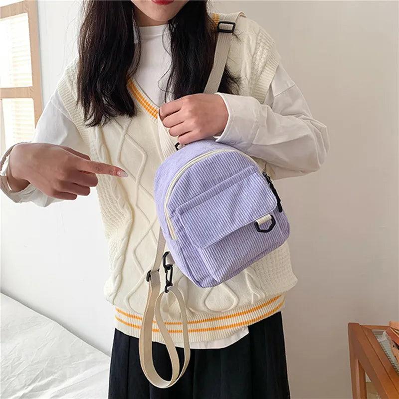 Women's Mini Backpack Fashion Solid Color Corduroy Small Simple Casual Traveling Large Capacity Durable Female's Schoolbag - Ammpoure Wellbeing